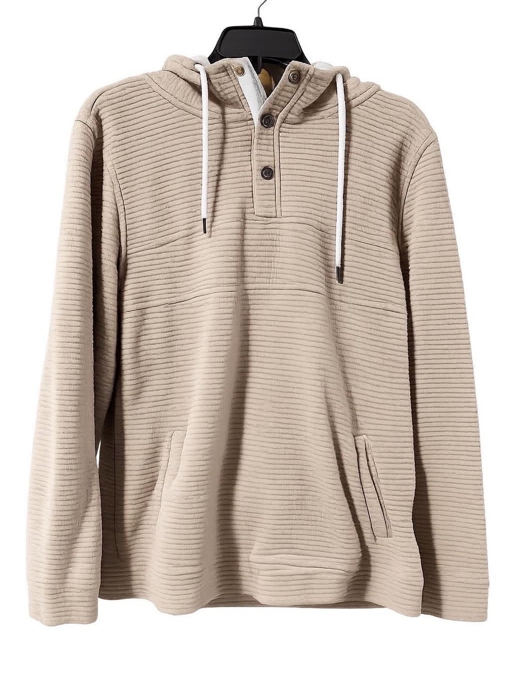 Departwest Men’s Medium Beige Ribbed Hooded Pullover Henley Hoodie - Picture 2 of 4
